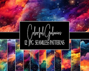 May include: A digital art image featuring a vibrant display of colorful galaxies. The image showcases swirling clouds of red, orange, yellow, blue, and purple hues, speckled with white stars. The text "Colorful Galaxies" and "12 JPG Seamless Patterns" is displayed on a black rectangle.