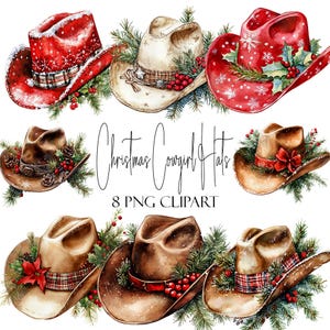 Christmas Cowgirl Hats Watercolor Clipart: Holiday PNGs (Digital Download)