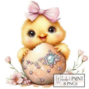 Fluffy Chick Clipart Bundle, Elementi di Pasqua ad acquerello, 8 PNG Sfondo trasparente, Download immediato Uso commerciale e POD