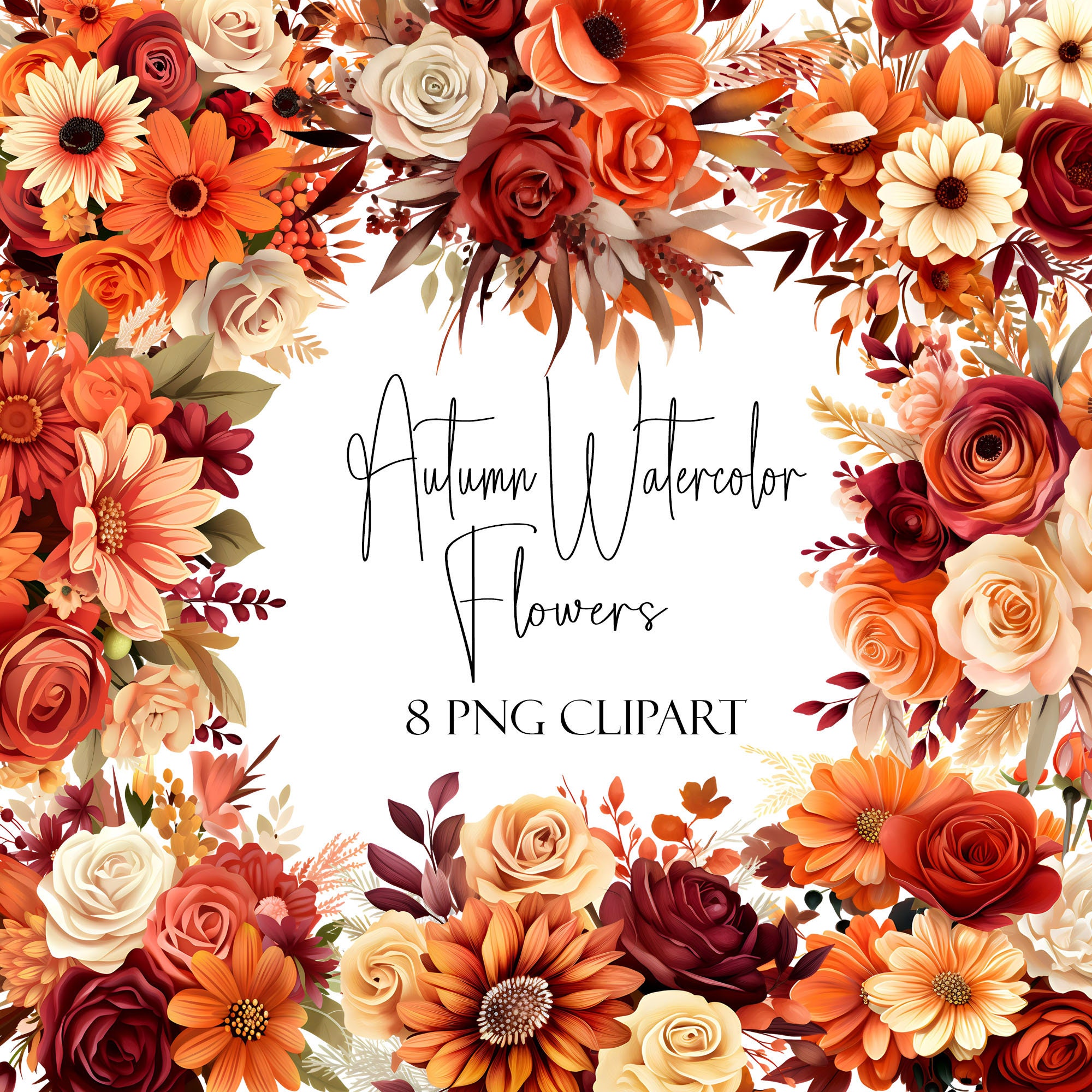 Flores de otoño, acuarela floral, elementos otoñales, formato PNG, uso comercial, uso POD, descarga instantánea