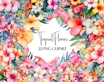 Tropical Flowers, Watercolor Clipart, 22 PNGS, Instant Download, Commercial Use, POD Use