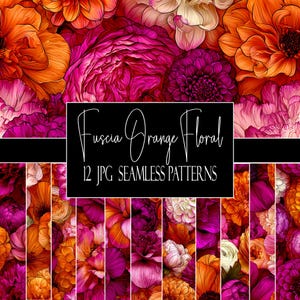 Fuchsia orange blommiga sömlösa mönster, 12 JPG digitala papper, kommersiellt bruk, POD-användning