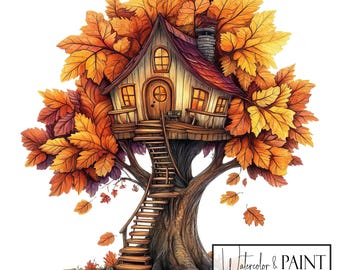 Fall Treehouse Clipart, 8 Transparent PNGs, Instant Download, Commercial Use, POD Autumn Woodland Illustration Set