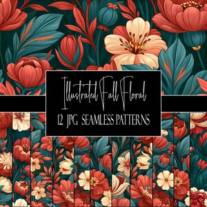 Illustrated Fall Floral Seamless Patterns, 12 JPG Autumn Digital Papers, POD Use, Commercial Use
