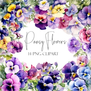 Clipart de flor de pensamiento, flores de acuarela, formato PNG, descarga instantánea, uso comercial, uso POD