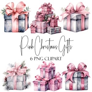 ピンクのクリスマスギフト、水彩画要素、PNG 形式、即時ダウンロード、商用利用、POD 利用