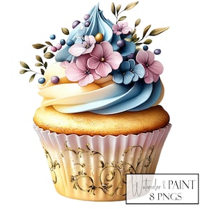 Paquete de imágenes prediseñadas de cupcakes de Pascua en acuarela, 8 fondos PNG transparentes, descarga instantánea, uso comercial, compatible con POD