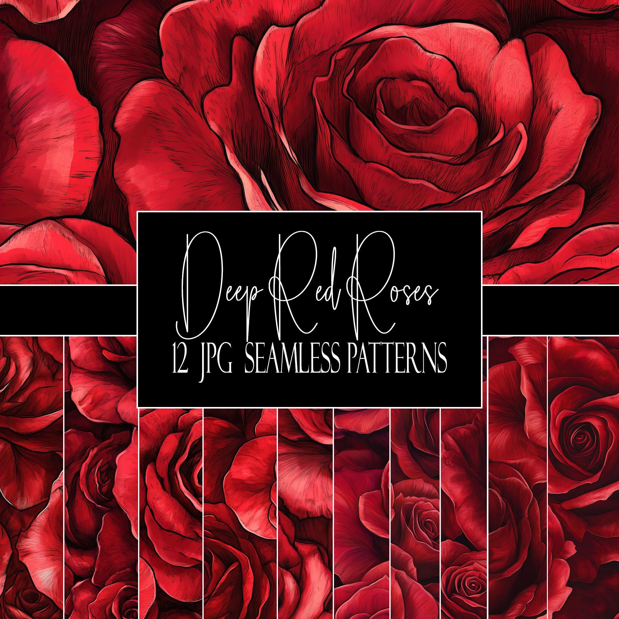 Deep Red Rose Seamless Patterns: 12 Floral JPG Digital Papers (Commercial Use, POD Friendly)