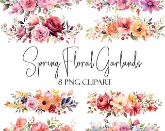 Spring Floral Garland Watercolor Clipart: 8 PNG Flower Elements (Instant Download)