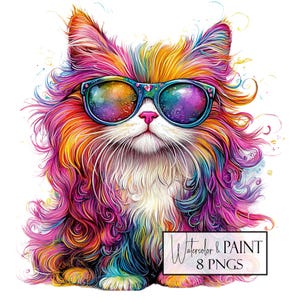 Watercolor Persian Cat Clipart: Rainbow Kitten PNG Bundle (Commercial Use, POD)