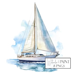 Aquarell Segelboot Clipart Bundle, 8 PNGs, Wasserboot Illustrationen, sofortiger Download kommerzielle Nutzung, POD-Nutzung