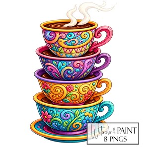 Op de afbeelding: Een stapel van vier kleurrijke theekopjes gevuld met koffie, elk versierd met ingewikkelde bloemen- en wervelontwerpen. De bovenste kop geeft stoom af, wat duidt op een warme drank. De kopjes zijn in tinten blauw, roze, geel en paars. De tekst "Watercolor & PAINT 8 PNGS" is inbegrepen.