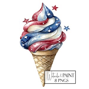 Watercolor 4th of July Ice Cream Clipart: Patriotic PNG Set (Commercial Use, POD)