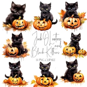 Watercolor Halloween Clipart: Jack O Lantern, Black Kitten (PNG, Commercial Use)