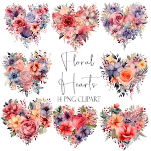 Clipart de corazón floral, elementos de acuarela, formato PNG, descarga instantánea, uso POD, uso comercial