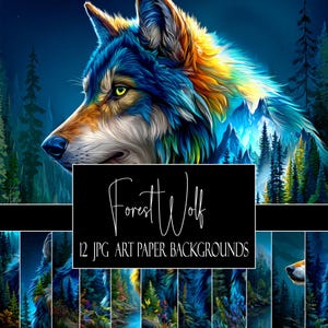 May include: A digital art print featuring a detailed wolf portrait with vibrant blue, yellow, and orange fur. The background shows a forest and mountains. The image includes the text "Forest Wolf" and "12 JPG ART PAPER BACKGROUNDS" on a black rectangle.