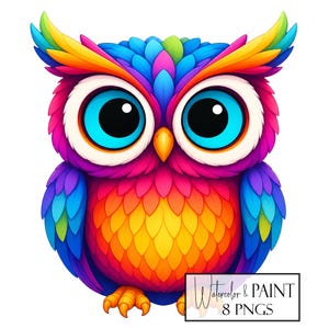 May include: A vibrant, cartoon owl illustration with large, bright blue eyes and a colorful array of feathers. The owl's plumage transitions through shades of purple, pink, orange, yellow, and blue. The image includes the text "Watercolor & PAINT 8 PNGS".