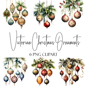 ビクトリア朝のクリスマスオーナメント、水彩画のクリップアート、PNG 形式、即時ダウンロード、商用利用、POD 利用