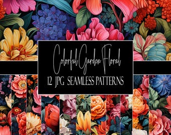 Floral Garden Seamless Patterns: Colorful Digital Paper Pack (12 JPG, Commercial Use)