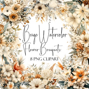 Beige Aquarell Blumensträuße, Floral Clipart, PNG-Format, Sofort-Download, kommerzielle Nutzung, POD-Verwendung