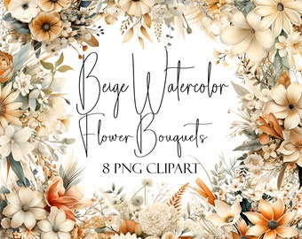 Beige Watercolor Flower Bouquets, Floral Clipart, PNG Format, Instant Download, Commercial Use, POD Use