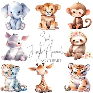 Clipart animaux de la jungle bébé, éléments aquarelles, format PNG, téléchargement immédiat, licence POD, usage commercial