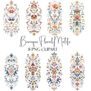 Motivos florales barrocos, clipart de acuarela, 8 PNG, descarga instantánea, uso comercial, uso POD