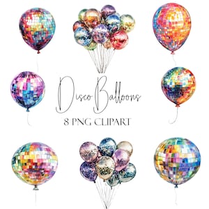 Globos de discoteca, clipart de acuarela, elementos de celebración, 8 PNG, descarga instantánea, uso comercial, uso POD