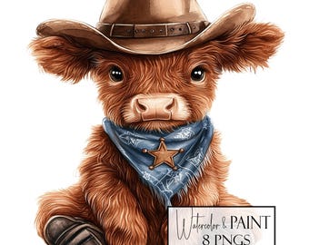 Pacchetto di clipart di mucca delle Highlands occidentali, 8 immagini PNG, uso commerciale, uso POD, download immediato
