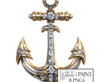 Paquete de imágenes prediseñadas de ancla de vela de diamante: conjunto PNG náutico, uso comercial (descarga instantánea)