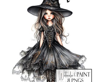 Little Girl Witch Clipart Bundle, 8 PNG Transparent Images, Instant Download, Commercial Use, POD Use