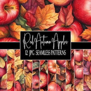 Pode incluir: Uma composição de arte digital com maçãs vermelhas vibrantes e folhas de outono em tons de laranja, amarelo e verde. A imagem inclui o texto "Red Autumn Apples" e "12 JPG SEAMLESS PATTERNS" em um fundo preto. O tema geral é outono e colheita.
