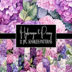 Peut inclure: Un ensemble de 12 motifs numériques sans couture mettant en scène des illustrations d'hortensias et de pivoines à l'aquarelle dans des tons de rose, de violet et de blanc. Les motifs sont parfaits pour créer des fonds, du scrapbooking et d'autres projets créatifs.