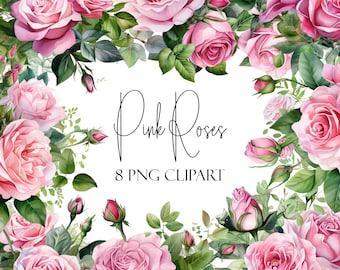 Pink Roses, Watercolor Clipart, Flower Elements, 8 PNGs, Instant Download, Commercial Use, POD Use