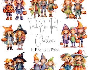 Könnte beinhalten: Ein Set mit 14 digitalen Clipart-Bildern mit Aquarell-Illustrationen von Kindern in Halloween-Kostümen. Die Kinder halten Jack-o'-Lantern-Eimer und sind als Hexen, Zauberer und Kobolde verkleidet. Der Text "Trick or Treat Children 14 PNG Clipart" ist im Bild enthalten.