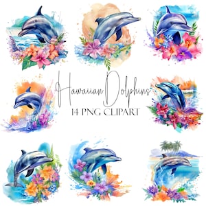 Hawaiianische Delfin Clipart, Aquarellelemente, 14 PNGS, Sofortiger Download, kommerzielle Nutzung, POD-Nutzung