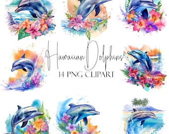 Clipart de golfinho havaiano, elementos de aquarela, 14 PNGS, download instantâneo, uso comercial, uso de POD