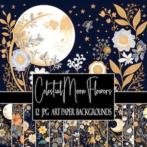 May include: Digital art featuring a large, glowing moon and floral elements in shades of gold, white, and blue against a dark blue background. The text "Celestial Moon Flowers" and "12 JPG Art Paper Backgrounds" are displayed. The image has a celestial and botanical theme.