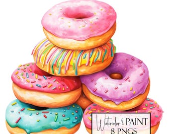 Frosted Donuts Clipart PNG Bundle, 8 Transparent Designs, Instant Download, Commercial Use, POD Use