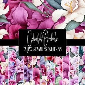 Sömlösa mönster med orkidéblommor: Tropiskt digitalt papper (12 JPG, kommersiellt bruk, POD-användning)