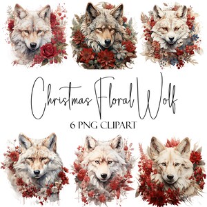 Weihnachten Blumen Wolf, Aquarellelemente, PNG-Format, Sofort-Download, kommerzielle Nutzung, POD-Verwendung