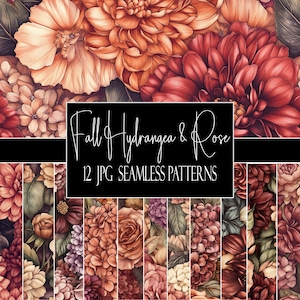 May include: A collection of 12 seamless digital patterns featuring floral designs of hydrangeas and roses in shades of orange, red, and muted green. The central black rectangular label displays the white text Fall Hydrangea & Rose 12 JPG SEAMLESS PATTERNS.