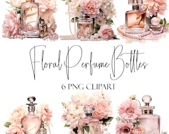Perfume floral, clipart de acuarela, formato PNG, descarga instantánea, uso comercial, uso POD