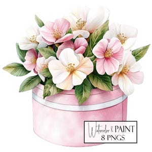 May include: Watercolor illustration of a pink hatbox overflowing with white and pink flowers and green leaves. The hatbox has a white ribbon around it. The text "Watercolor & PAINT 8 PNGS" is in a black rectangle.