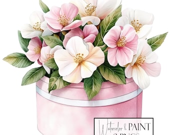 Watercolor Hat Box Flowers Clipart: Transparent PNG Set (Commercial & POD Use, Instant Download)