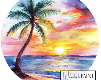 Watercolor Sunset Beach Clipart Bundle, 8 Transparent PNGs, Instant Download, Commercial Use, POD Use