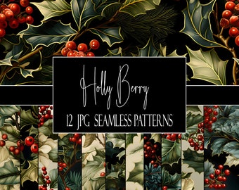 Patrones de Holly Berry, Papeles digitales navideños, Descarga instantánea, Uso comercial, Uso POD