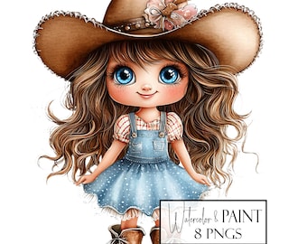 Little Cowgirl Clipart PNG Bundle, 8 Transparent Designs, Instant Download, Commercial Use, POD Use