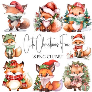 Renard de Noël mignon, clipart aquarelle, Format PNG, téléchargement immédiat, usage commercial, utilisation POD