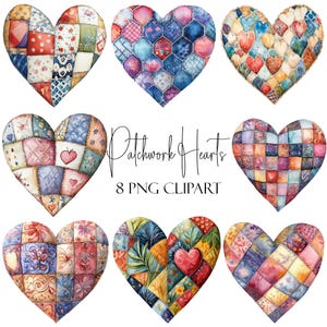 Patchworkharten, aquarel clipart, 8 png-bestanden, direct downloaden, commercieel gebruik, POD-gebruik
